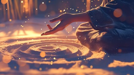 Poster - Dreamy Zen Sand Garden, tranquil scene of a serene sand garden at twilight, soft ambient light reflecting off delicate, shimmering particles creating a calming atmosphere.