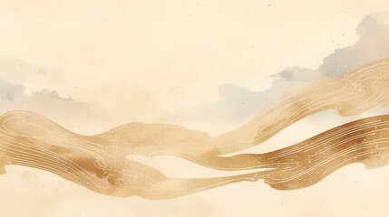 Poster - Zen Waves in Ink, flowing brush textures capture tranquility, harmonious patterns blend seamlessly with a soft sandy background, evoking peace and serenity.