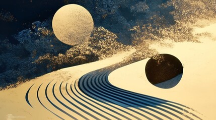 Poster - Moonlit Zen Garden, serene night scene, gentle shadows dancing on soft sand ripples, evoking tranquility and peaceful meditation under a luminous sky.