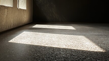 Aufkleber - Sunlight streams through windows into an empty room, illuminating a textured floor.