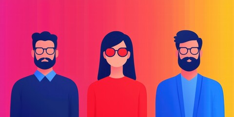Fototapete - Three illustrated individuals with distinct styles stand against a vibrant gradient background, showcasing contemporary fashion and eyewear.