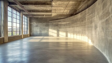 Aufkleber - Sunlit empty industrial loft space with large windows and curved concrete wall.