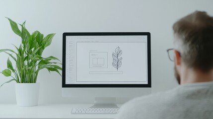 Web design mockup on computer screen.  Person working on digital layout