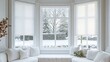 © Naim - White window blinds on bay window with winter scene outside