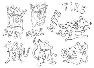 Poster - Cute whimsical mice cartoon characters wearing ties, simple outline doodle animals set