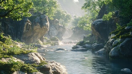 Poster - Sunlit river flows through a lush green canyon with mossy rocks.