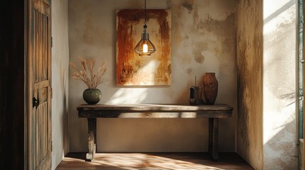 Aufkleber - Sunlit rustic entryway with wooden console table, artwork, vase, and textured wall.