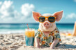 © syhin_stas - A playful pig in a Hawaiian shirt and sunglasses, enjoying a tropical cocktail on the beach during and summer vacation, with a tropical beach background and vacation banner with copy space .Funny meme