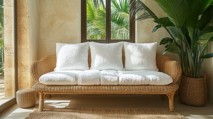 Aufkleber - Sunlit wicker sofa with fluffy white cushions in a tranquil room.