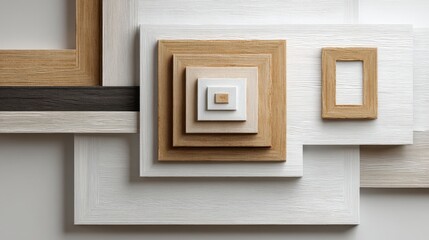 Poster - abstract arrangement of nested wooden picture frames in varying shades of white and brown against a 