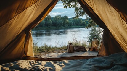 Aufkleber - Sunrise view from inside a tent overlooking a calm river and lush green trees.