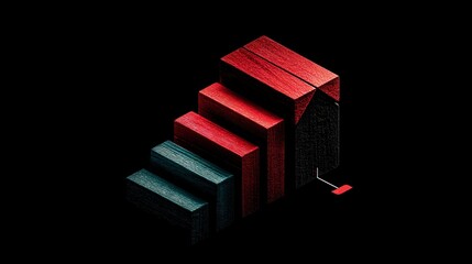 Fototapete - Abstract 3D rendering of a staircase structure with red, blue, and black textured blocks against a dark background.