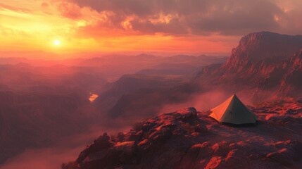Poster - Sunset over a mountainous landscape with a lone tent perched atop a cliff.