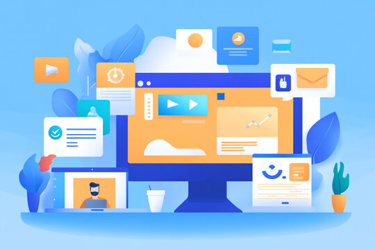 Digital Landscape: A stylized digital illustration depicts a modern computer interface filled with diverse application icons.