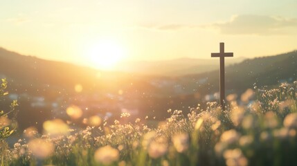 Aufkleber - Sunset silhouette of a wooden cross in a field of flowers on a hill.