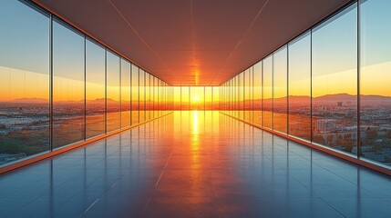 Aufkleber - Sunset view from a modern glass office corridor.