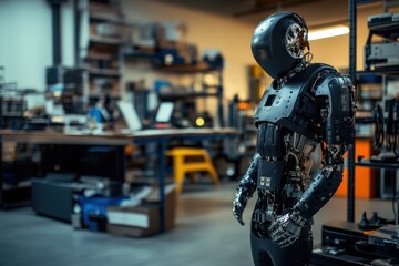 Poster - Advanced humanoid robot standing in a technology workshop during daylight hours