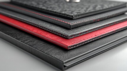 Poster - close up of four textured, leather bound books with red and black covers, showing stitching and wate