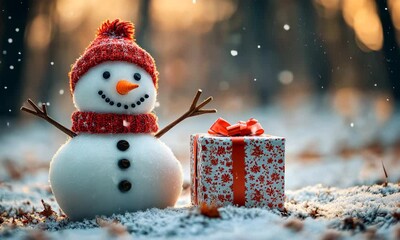 Wall Mural - Festive snowman with a knitted hat and scarf next to a beautifully wrapped gift