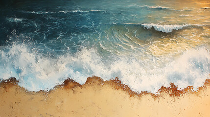 Wall Mural - Aerial view of ocean waves crashing onto a sandy beach, soft sunset light 