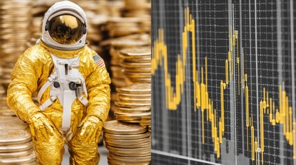 Poster - Gold astronaut figurine sits amidst stacks of gold coins, juxtaposed with a stock market graph showing a downward trend.