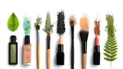 Poster - Makeup brushes, lipsticks, and cosmetic powders arranged with leaves on white background.
