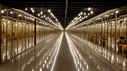 Fototapete - endless corridor lined with mirrored walls reflecting lights, creating an infinite perspective.