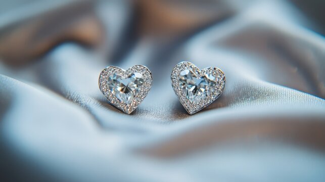 Flat lay of heart-shaped earrings on folded grey silk, lighting catching every sparkle