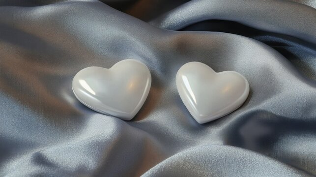 Flat lay of heart-shaped earrings on folded grey silk, lighting catching every sparkle