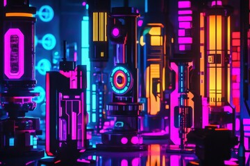 Poster - Futuristic neon cityscape showcases vibrant lights and unique structures at night
