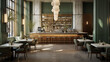 © FlyStun - Restaurant d'architecture moderne, bâtiment de luxe avec tables et bar. Restauration, luxe, élégant. Arrière-plan pour conception et création graphique.