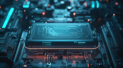 Poster - Digital Heartbeat: A striking close-up unveils the intricate design of a cutting-edge computer processor, radiating with neon blue lights and conveying the core of technological innovation.