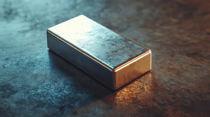Poster - gleaming metal block: a close-up, detailed shot of a shiny, rectangular metal block resting on a tex