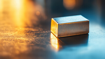 Poster - metallic cube under light: a close-up, macro shot of a polished, metallic cube, resting on a reflect