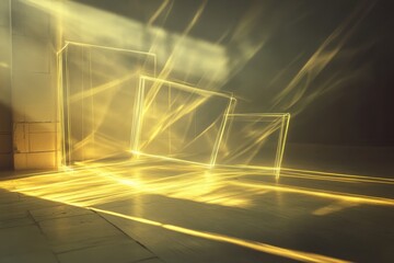 Poster - Light rays illuminate geometric shapes casting shadows in a serene indoor space