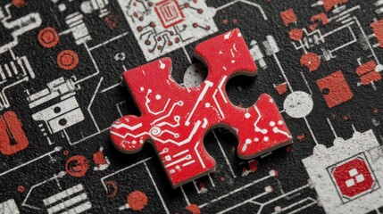 Poster - Red puzzle piece with circuit board pattern on black background. Technology concept image.