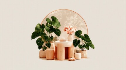 Poster - Pastel colored flowers and lush green plants arranged on a minimalist wooden table against a neutral background. Soft lighting creates a serene atmosphere.