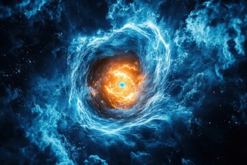 Poster - Stunning cosmic vortex illuminated by bright orange and blue energy amidst dark space backdrop