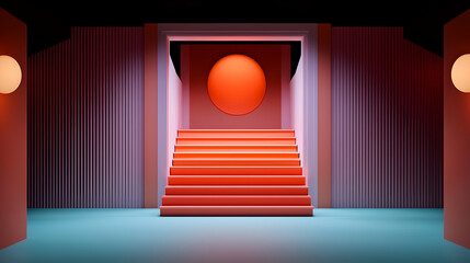 Poster - Abstract Geometric Scene with Orange Stairs and Teal Floor