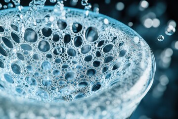 Poster - Bubbles and water droplets create an abstract pattern in a clear glass vessel in focus