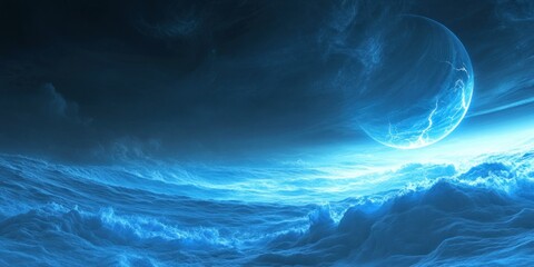 surreal cosmic seascape with celestial body and stylized oceanic clouds
