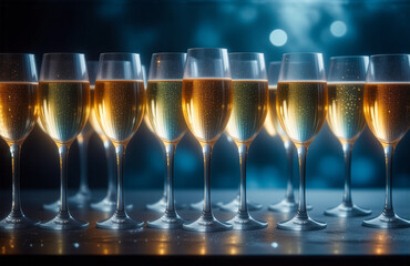 Poster - Rows of champagne flutes filled with golden sparkling liquid stand elegantly on a reflective surface against a dark bokeh lit backdrop.