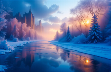 Poster - Serene winter landscape with a snow-covered river leading to a city under a colorful sky at dusk. Frosty trees line the riverbank.