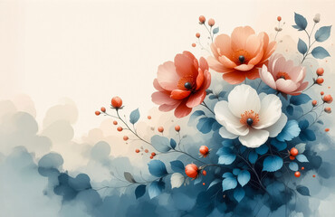 Aufkleber - Soft watercolor floral painting with peach, white, and blue flowers, leaves and berries. Gentle, artistic illustration on a soft pastel gradient background.
