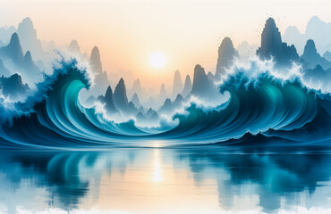 Poster - Dynamic ocean waves crash in front of misty mountain peaks during a colorful sunset. Water reflects the sky in a serene landscape.