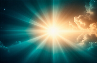 Aufkleber - Radiant light bursts through soft clouds, creating a heavenly and serene atmosphere with contrasting warm and cool color tones.