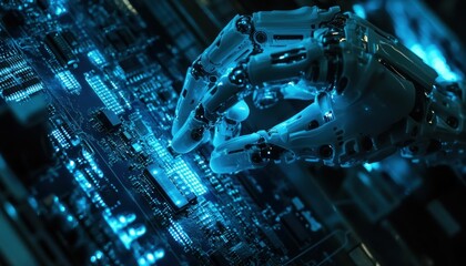 Poster - Artificial intelligence and electronic future, robotic hand working on microchips