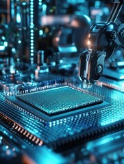 Poster - Futuristic Technology Convergence: High-Tech Microchip Assembly and Robotic Integration