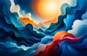 Poster - Vibrant sky with swirling clouds in shades of blue, orange, and yellow. A bright sun or light source illuminates the scene, creating a dreamy, abstract and painterly feel.