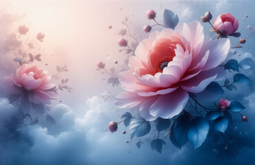 Aufkleber - Soft pink flowers blossom against a dreamy, cloudy sky, bathed in gentle light. A serene and romantic floral scene with delicate petals and soft hues.
